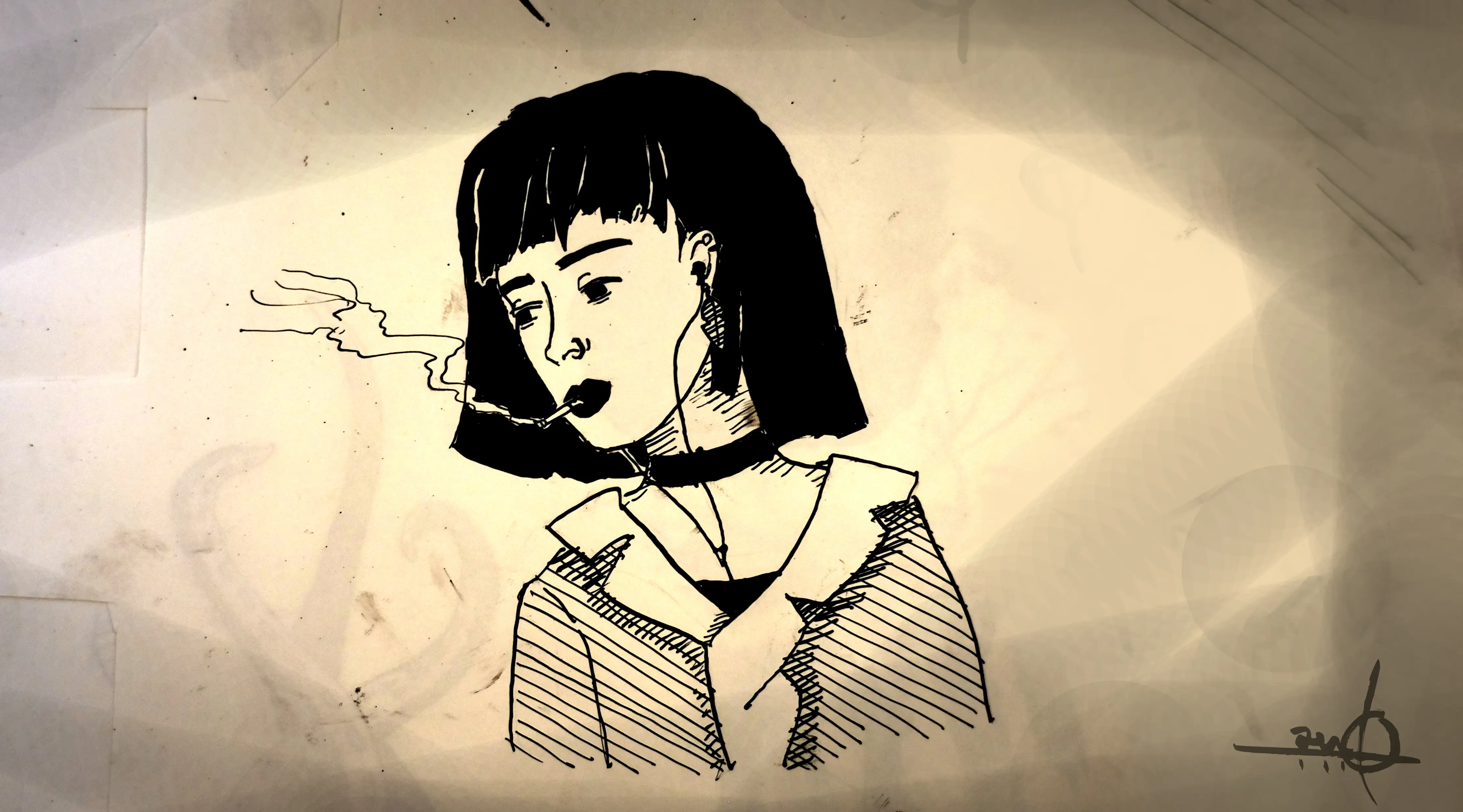 Ilustración en tinta de la personaje "Nicole". Autora: Lua Corinna